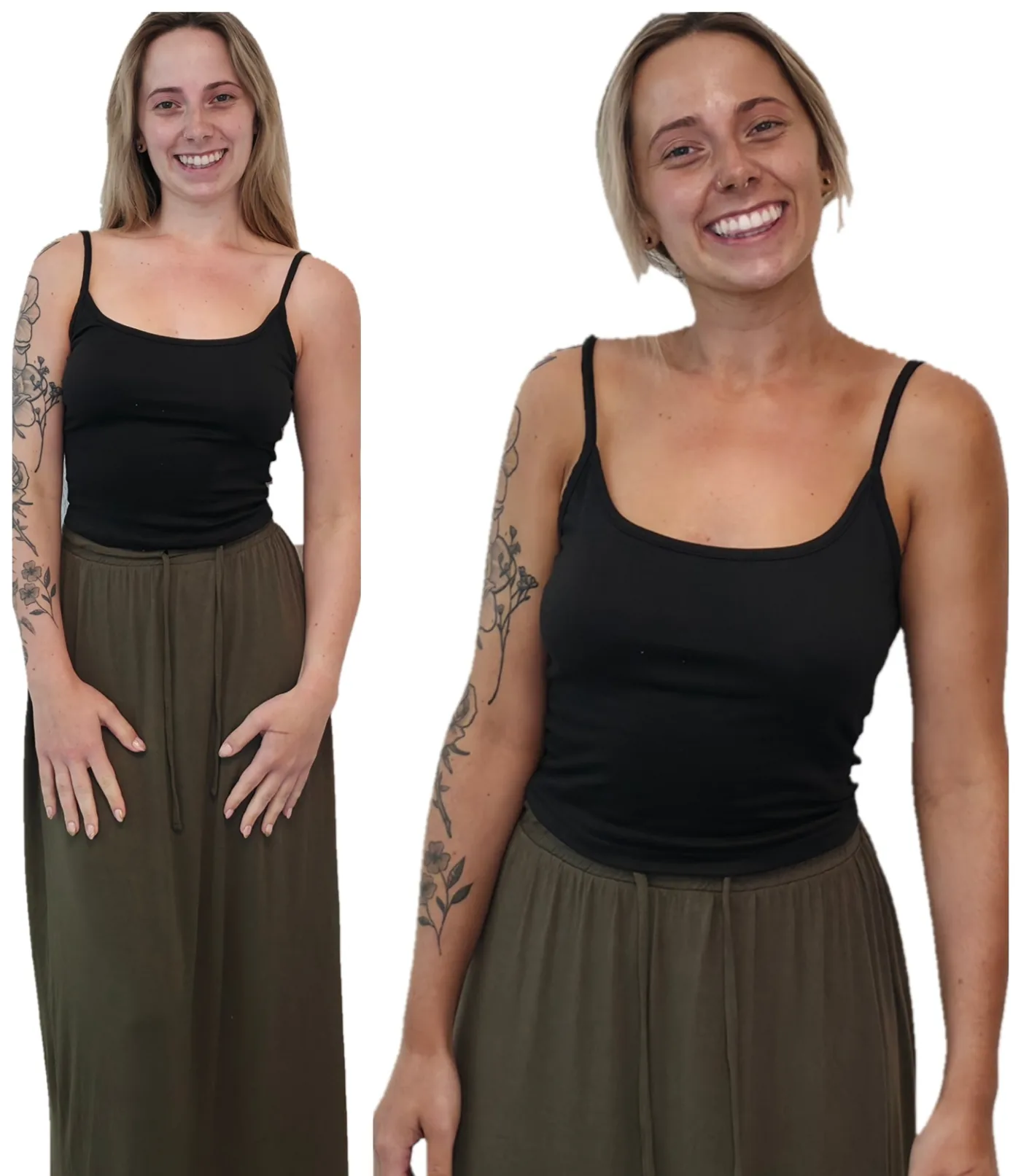 Spray tan before and after, client in a black top