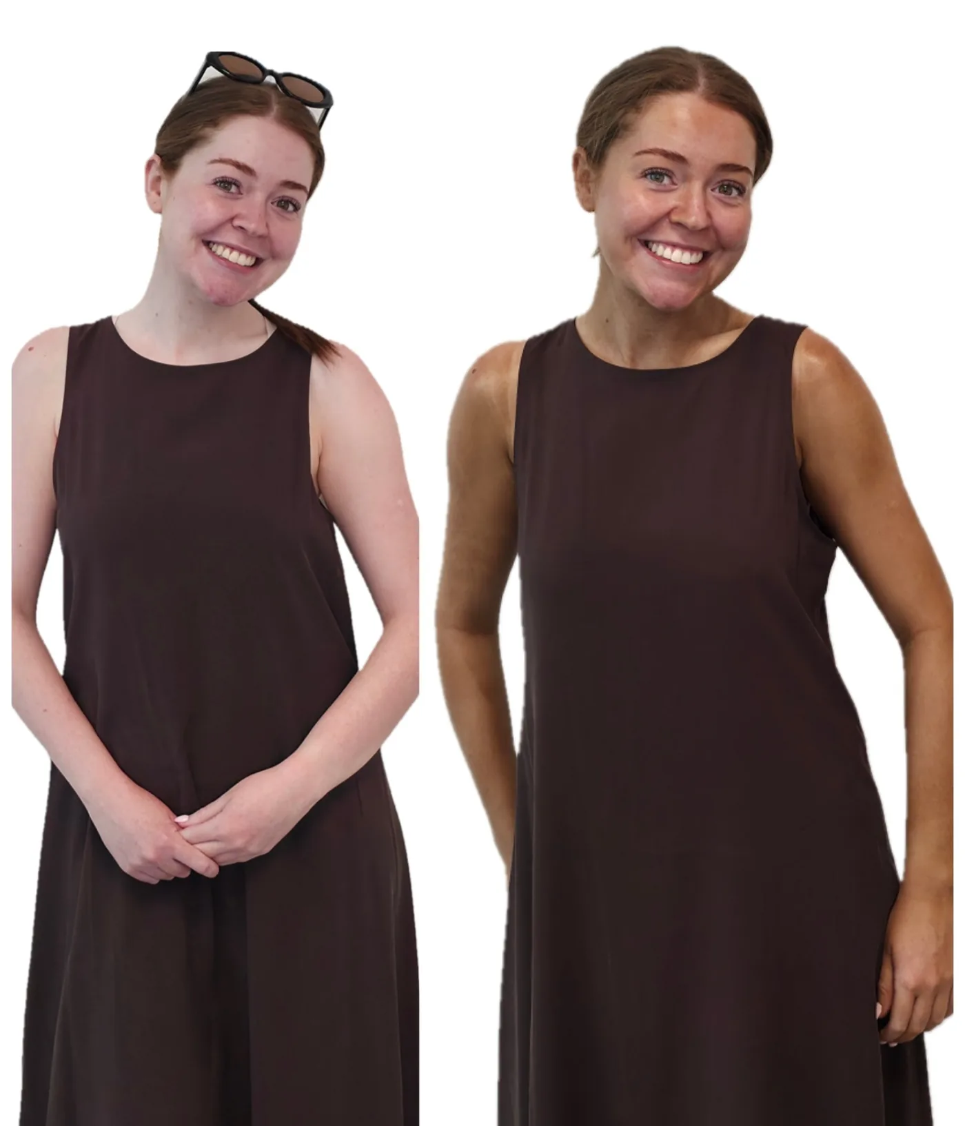 Spray tan before and after, client in a brown dress